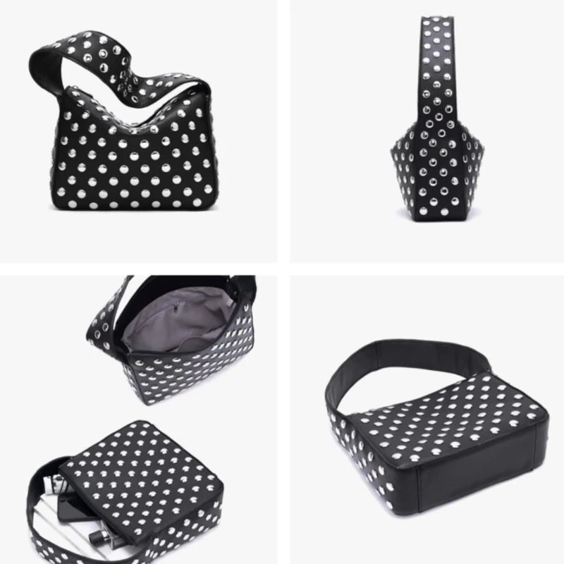 Vintage Rivet Women Handbag,Streetwear Motorcycle Style Purse Metal Stud Shoulder Bag,Punk Heavy Industrial Armpit Tote Bag