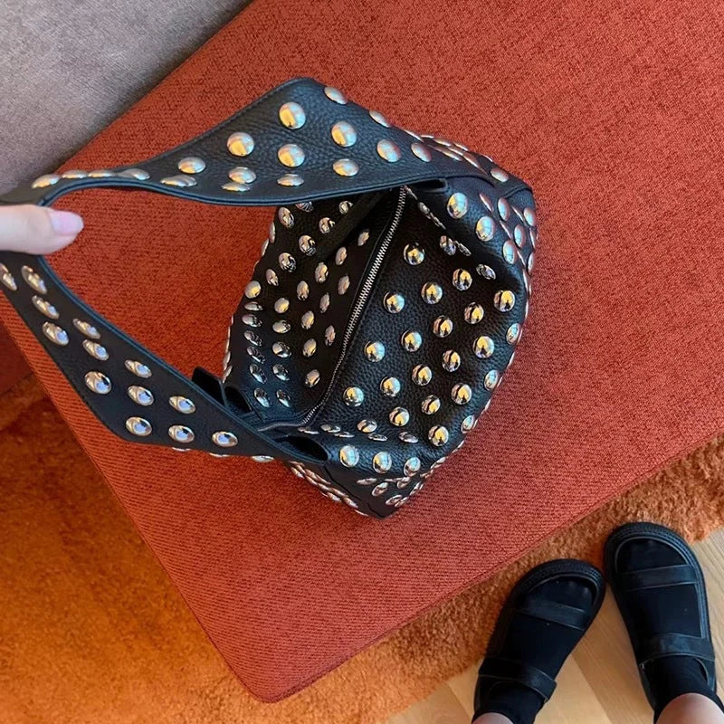 Vintage Rivet Women Handbag,Streetwear Motorcycle Style Purse Metal Stud Shoulder Bag,Punk Heavy Industrial Armpit Tote Bag