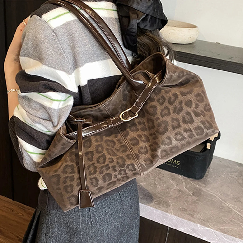 Large Capacity Leopard Print Women'S Tote Bag Commuter Casual Single Shoulder Bag Korean Style PU Material Magnetic Buckle Op...