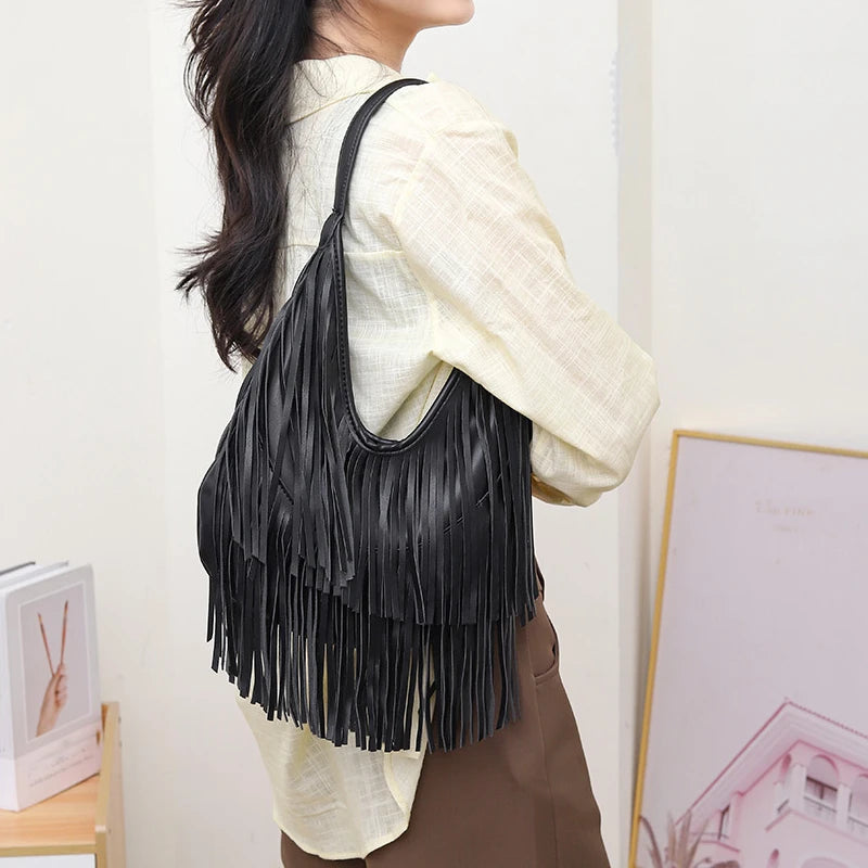 Long Tassels Women Handbag Fashion Shoulder Bags for Ladies Hand Bag Soft PU Leather Casual Hobos Armpit Bag Female Tote