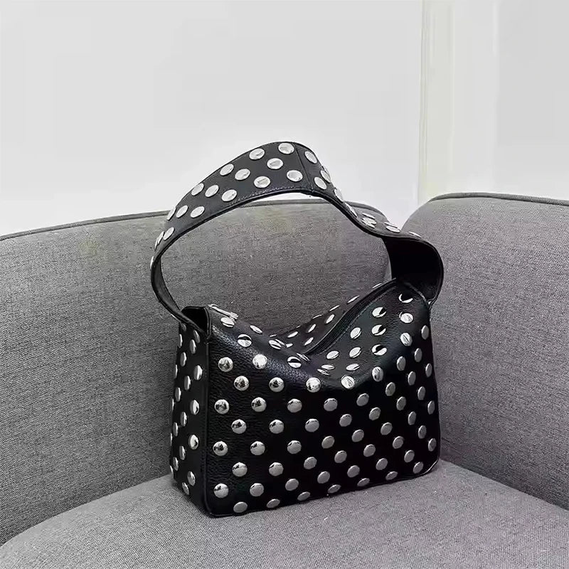Vintage Rivet Women Handbag,Streetwear Motorcycle Style Purse Metal Stud Shoulder Bag,Punk Heavy Industrial Armpit Tote Bag