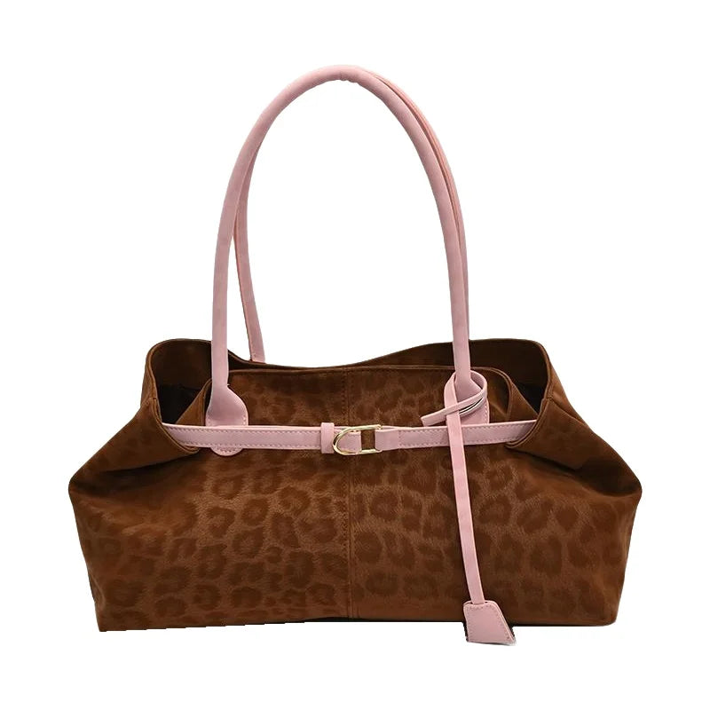 Large Capacity Leopard Print Women'S Tote Bag Commuter Casual Single Shoulder Bag Korean Style PU Material Magnetic Buckle Op...