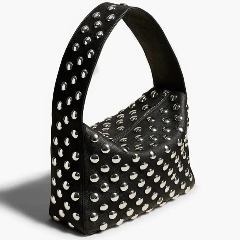 Vintage Rivet Women Handbag,Streetwear Motorcycle Style Purse Metal Stud Shoulder Bag,Punk Heavy Industrial Armpit Tote Bag